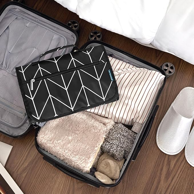 PAVILIA Hanging Toiletry Bag for Women Men, Large Foldable Toiletries Organizer with Hook, Water-Resistant Makeup Cosmetic Rollup Case, Clear Pockets for Bathroom, Gym, Cruise (Black Chevron)