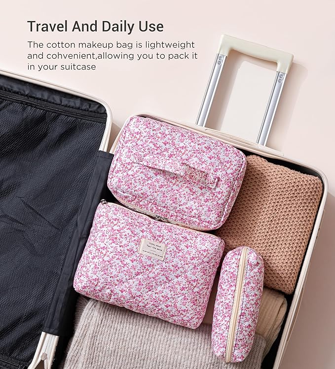 HBselect Quilted Makeup Bag, 3Pcs Cotton Large Travel Makeup Bags Organizer