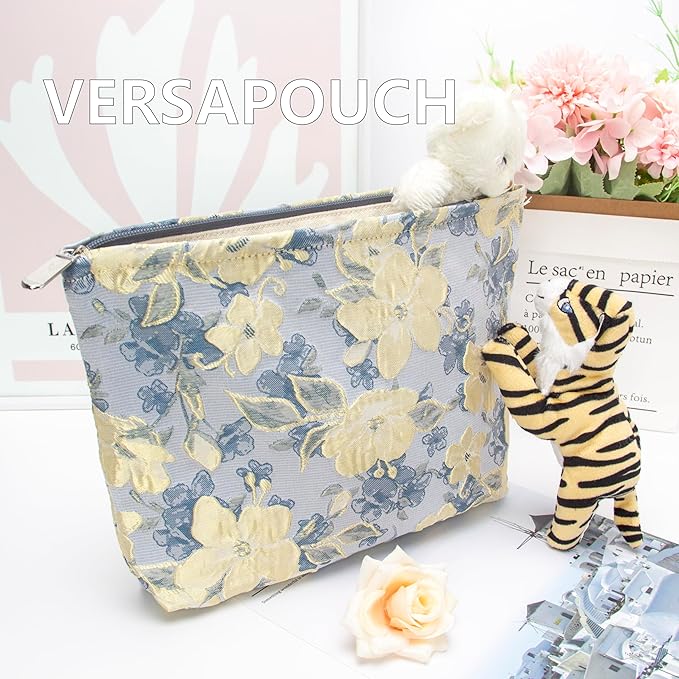 Flat Makeup Bag for Women,Zipper Cosmetic Pouch for Purse,Brocade Blue