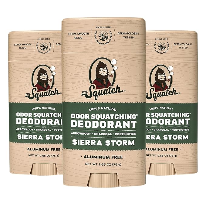 Dr. Squatch Natural Men’s Deodorant – Aluminum Free Natural Deodorant Men with Charcoal & Postbiotics for 72-Hour Odor Protection – Mountain Meadow & Lumberjack Lodge, 2.65oz Stick (3-Pack)