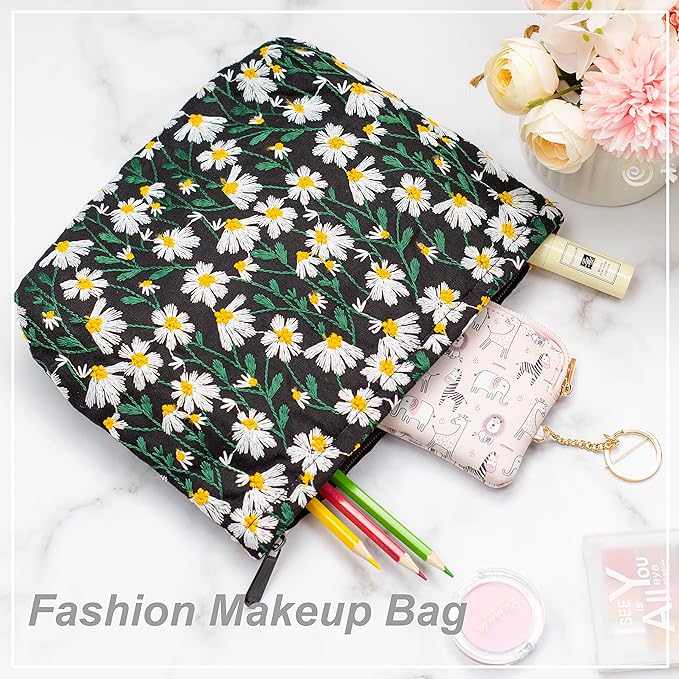 Flat Makeup Bag for Women,Zipper Cosmetic Pouch for Purse,Daisy Black