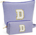Fohufo Travel Essentials - Portable Travel Makeup Bag Set for Women, Portable Initial Travel Toiletry Bag, Makeup Pouch Organizer Cosmetic Bag Birthday Gifts for Women, Blue Letter D