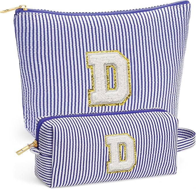 Fohufo Travel Essentials - Portable Travel Makeup Bag Set for Women, Portable Initial Travel Toiletry Bag, Makeup Pouch Organizer Cosmetic Bag Birthday Gifts for Women, Blue Letter D