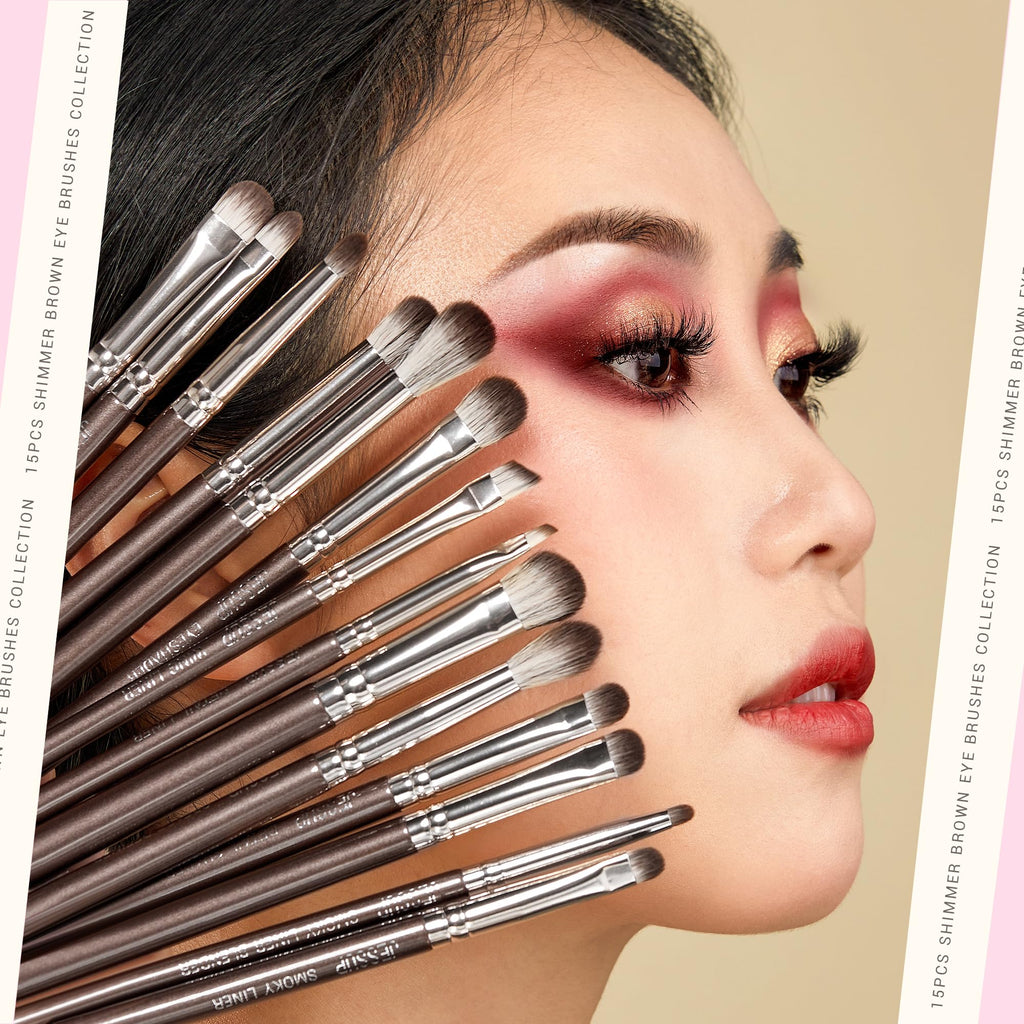 Jessup Eye Makeup Brushes Set Professional 15pcs Brown Eyeshadow Brush Eyebrow Concealer Eyeliner Blending Brush for Makeup Premium Synthetic Eye Brush Set, T499