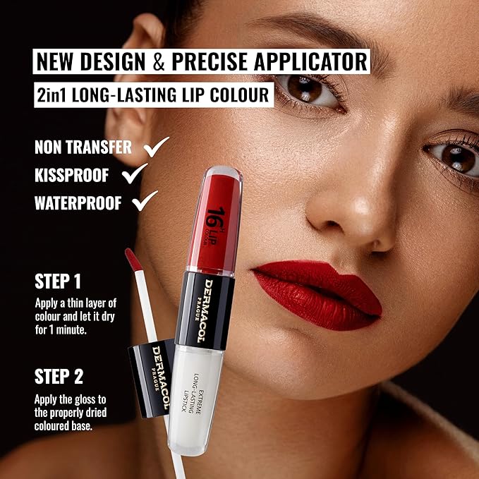 Dermacol 16-Hour Lip Color, Two-Phase Kissproof Lip Stain & Gloss, No.20