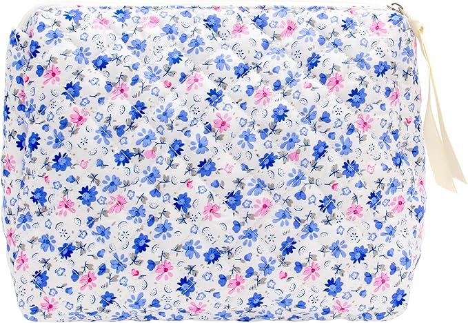 Quilted Makeup Pouch for Women, Travel Cosmetic&Toiletry Bag,Floral Blue