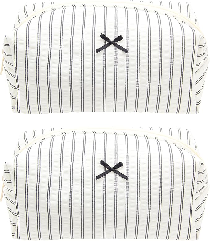 Cozy Makeup Bag for Women,Zipper Cosmetic Pouch,Stripe Black,2 Pack