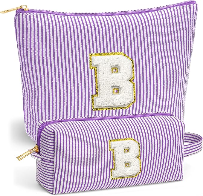 Fohufo Birthday Gifts for Women - Initial Makeup Bag Set, Portable Makeup Pouch Cosmetic Bag with Zipper, Travel Essentials Toiletry Bag Travel Gifts for Women, Purple Letter B