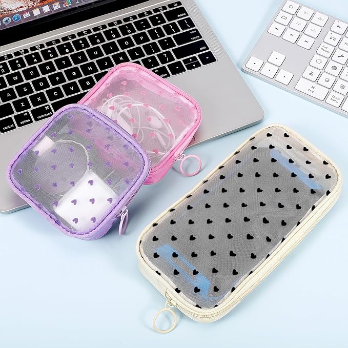 4 Pieces Mini Zipper Nylon Mesh Pouch, Mesh Cosmetic Bags Makeup Bags, Multipurpose Travel Toiletry Bags for Office Supplies and Travel Accessories (Heart Print-Beige, M)