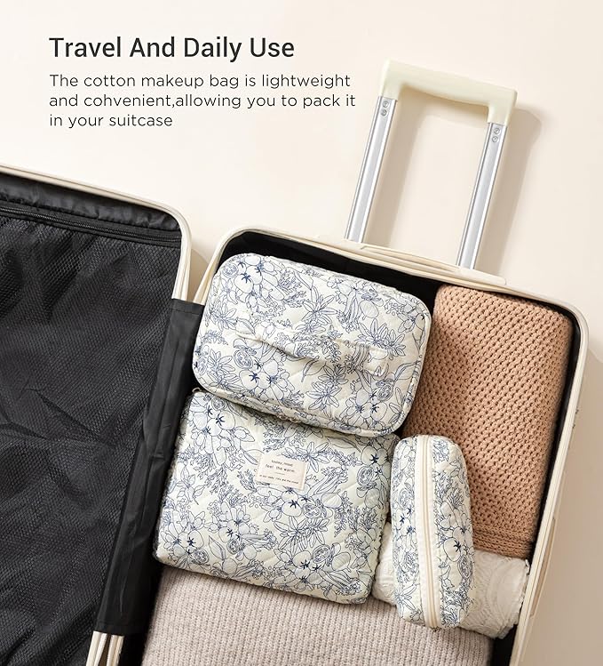 HBselect Quilted Makeup Bag, 3Pcs Cotton Large Travel Makeup Bags Organizer