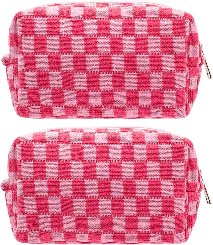 Checkered Makeup Bag for Purse, Small Travel Cosmetic Pouch,Hotpink,2 Pack