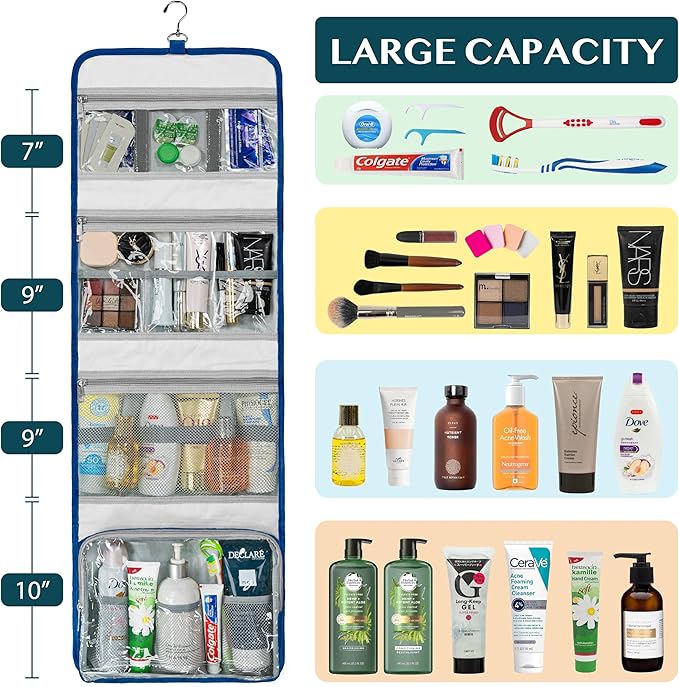 PAVILIA Travel Hanging Toiletry Bag for Women Men, Large Capacity Makeup Bag Kit, Waterproof Cosmetic Storage Organizer Case for Bathroom Shower, Royal Blue