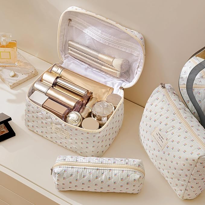 HBselect Quilted Makeup Bag, 3Pcs Cotton Large Travel Makeup Bags Organizer