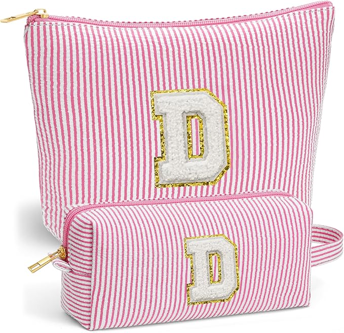 Fohufo Travel Essentials - Portable Travel Makeup Bag Set for Women, Portable Initial Travel Toiletry Bag, Makeup Pouch Organizer Cosmetic Bag Birthday Gifts for Women, Pink Letter D