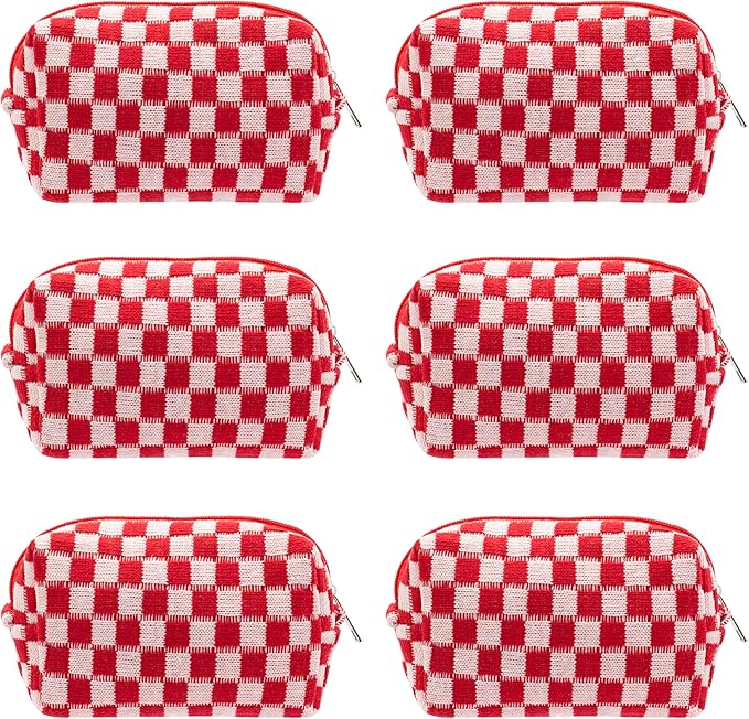 Checkered Makeup Bag for Purse, Small Travel Cosmetic Pouch,Red,6 Pack