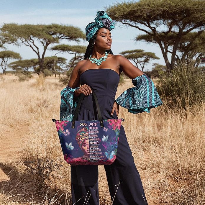 Afroyla African Black Women's Leather Tote Bag, Large Size, Premium Leather, Perfect Presents For Women (Imani, Premium Vegan Leather)