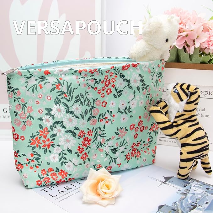 Flat Makeup Bag for Women,Zipper Cosmetic Pouch for Purse,Brocade Green