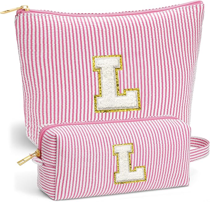 Fohufo Travel Toiletry and Makeup Bag - Travel Essentials for Women, Pink Initial Makeup Bags for Hair Ties, Clips, Brushes, Sponges, Lipsticks, Blush, Eyelash Curler, Easy to Carry, Pink Letter L