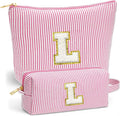 Fohufo Travel Toiletry and Makeup Bag - Travel Essentials for Women, Pink Initial Makeup Bags for Hair Ties, Clips, Brushes, Sponges, Lipsticks, Blush, Eyelash Curler, Easy to Carry, Pink Letter L