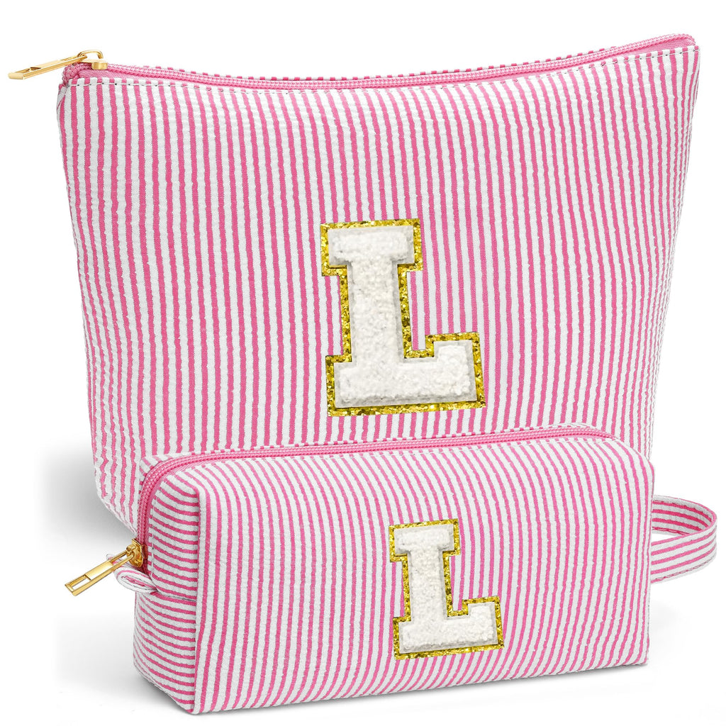 Fohufo Travel Toiletry and Makeup Bag - Travel Essentials for Women, Pink Initial Makeup Bags for Hair Ties, Clips, Brushes, Sponges, Lipsticks, Blush, Eyelash Curler, Easy to Carry, Pink Letter L