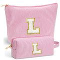 Fohufo Travel Toiletry and Makeup Bag - Travel Essentials for Women, Pink Initial Makeup Bags for Hair Ties, Clips, Brushes, Sponges, Lipsticks, Blush, Eyelash Curler, Easy to Carry, Pink Letter L