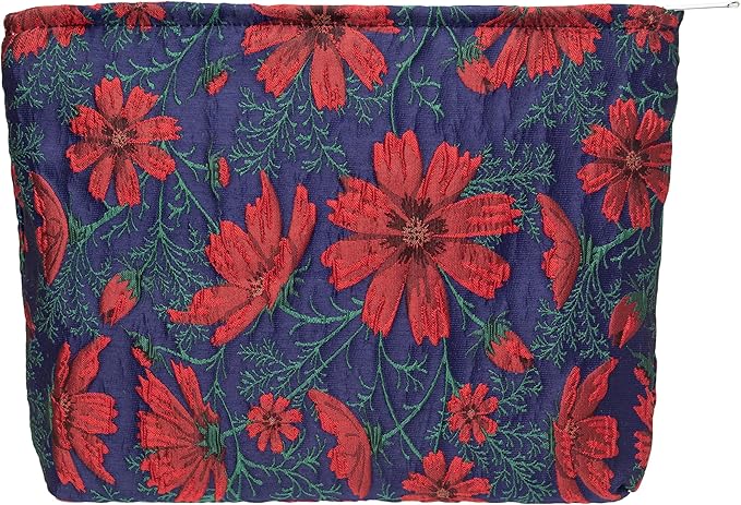 Flat Makeup Bag for Women,Zipper Cosmetic Pouch for Purse,Brocade Navy Blue