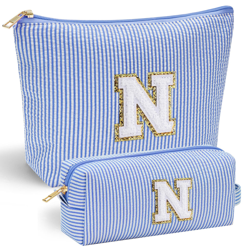 YOOLIFE Personalized Gifts for Women, Initial Makeup Bag with Makeup Pouch Cosmetics Organizer Bag Cute Makeup Bag Wedding Mothers Day Gifts Wedding Gifts for Sister Wife Friend Female Mom Blue N