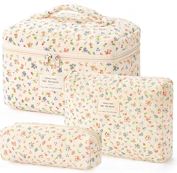 HBselect Quilted Makeup Bag, 3Pcs Cotton Large Travel Makeup Bags Organizer