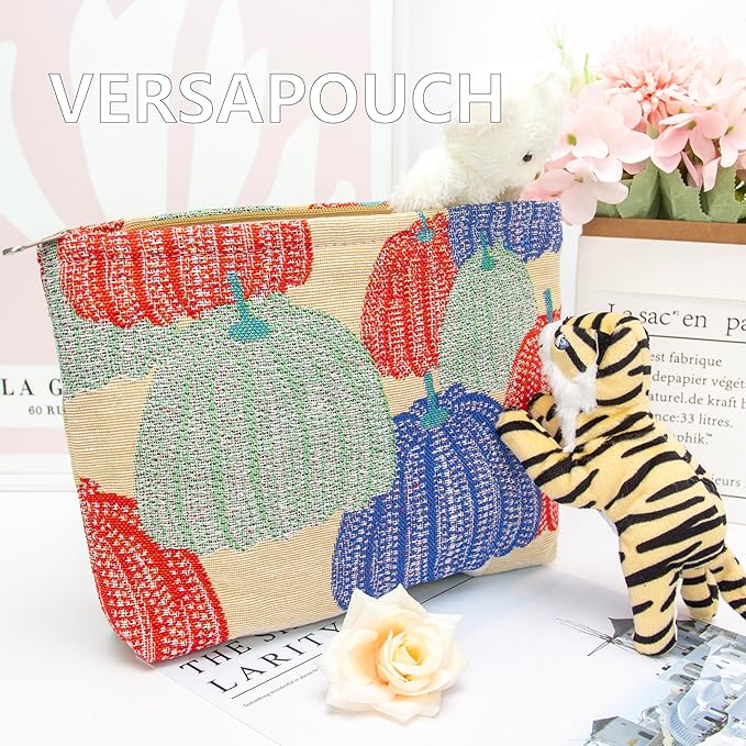 Flat Makeup Bag for Women,Zipper Cosmetic Pouch for Purse,Linen Colorful