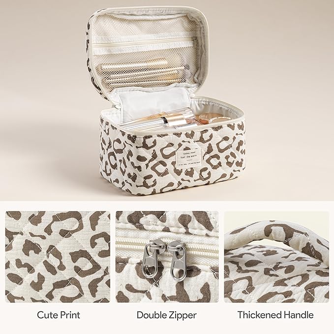 HBselect Quilted Makeup Bag, 3Pcs Cotton Large Travel Makeup Bags Organizer