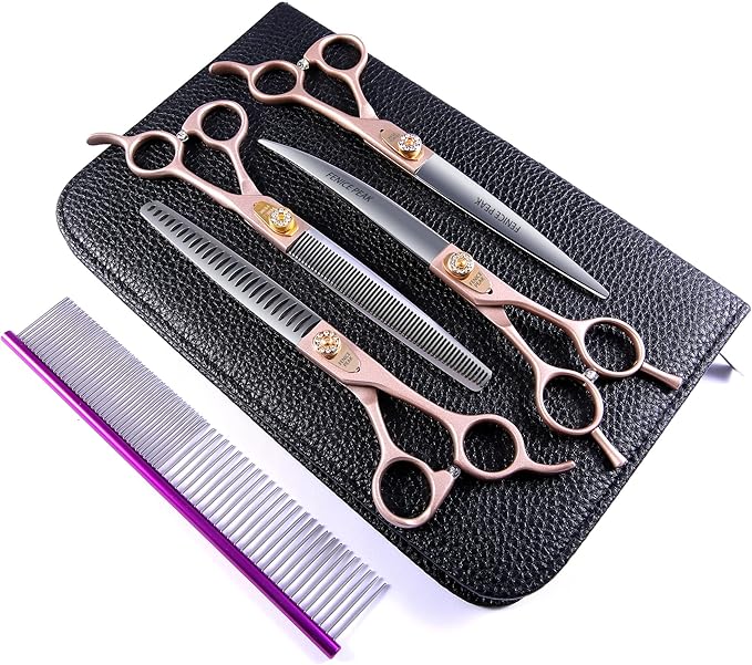 Fenice Peak 7'' Professional Dog Grooming Scissors Set Rose Gold 440C Stainless Steel Straight Thinning Curved Chunker Shears 4pcs Set for Pet Grooming Services Dogs and Cats