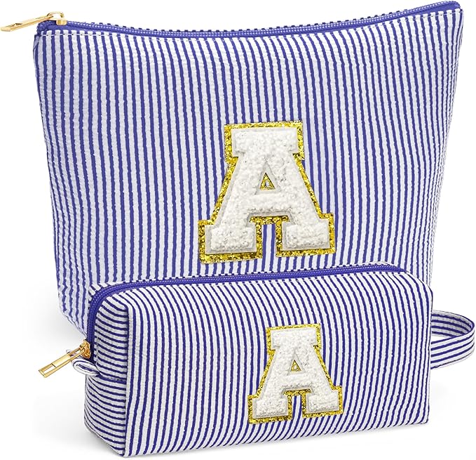 Fohufo Teacher Christmas Gifts for Women - Teacher Appreciation Gifts, 2025 Xmas Birthday Gift for Teachers, Initial Makeup Bag for Teachers, Blue Letter A