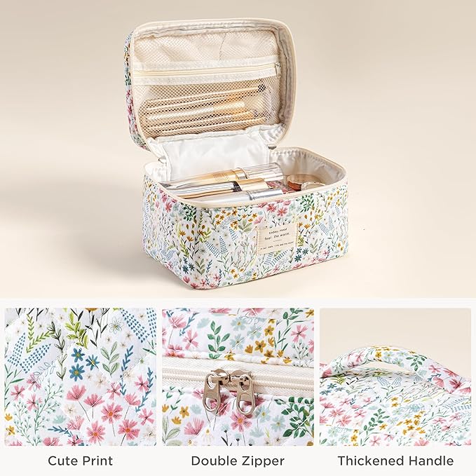 HBselect Quilted Makeup Bag, 3Pcs Cotton Large Travel Makeup Bags Organizer