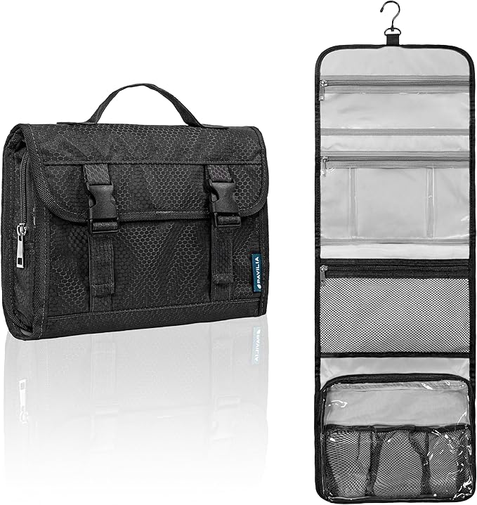 PAVILIA Travel Hanging Toiletry Bag for Women Men, Extra Large Capacity Makeup Bag Kit, Waterproof Cosmetic Storage Organizer Case for Bathroom Shower, Black