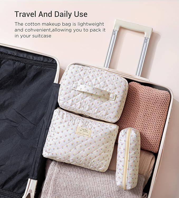 HBselect Quilted Makeup Bag, 3Pcs Cotton Large Travel Makeup Bags Organizer