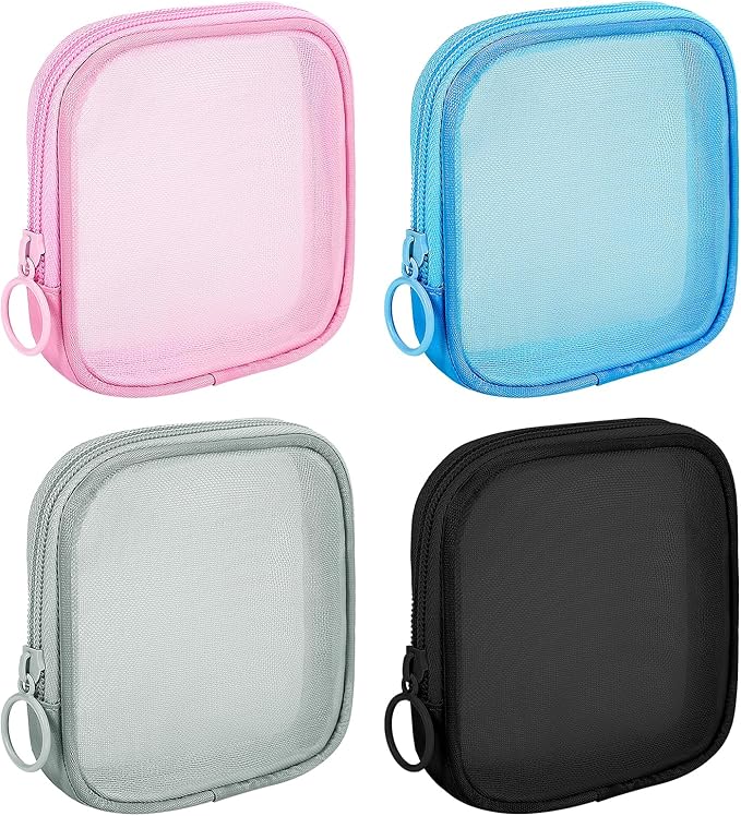 Sinzip 4 Pieces Mini Zipper Nylon Mesh Pouch, Mesh Cosmetic Bags Makeup Bags, Multipurpose Travel Toiletry Bags for Office Supplies and Travel Accessories (Multicolored, S)