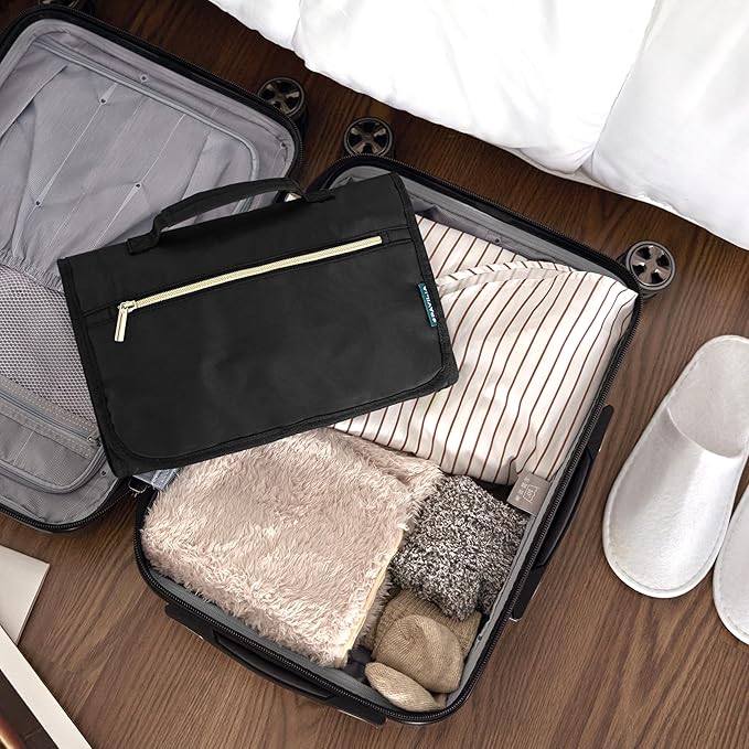 PAVILIA Hanging Toiletry Bag for Women Men, Large Foldable Toiletries Organizer with Hook, Water-Resistant Makeup Cosmetic Rollup Case, Clear Pockets for Bathroom, Gym, Cruise (Black)