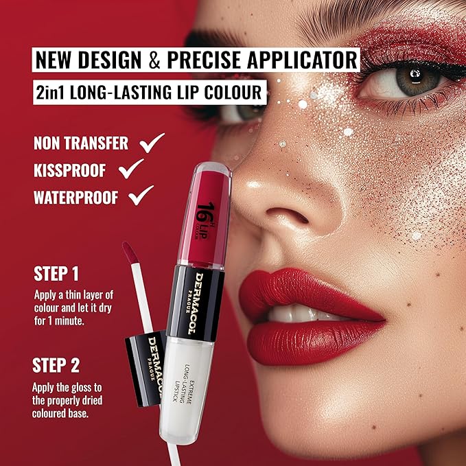 Dermacol 16-Hour Lip Color, Two-Phase Kissproof Lip Stain & Gloss, No.3