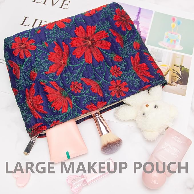 Flat Makeup Bag for Women,Zipper Cosmetic Pouch for Purse,Brocade Navy Blue