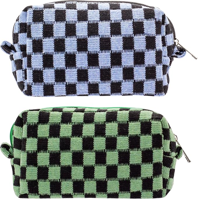 Checkered Makeup Bag for Purse, Small Cosmetic Pouch,Green Blue,2 Pack