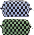 Checkered Makeup Bag for Purse, Small Cosmetic Pouch,Green Blue,2 Pack