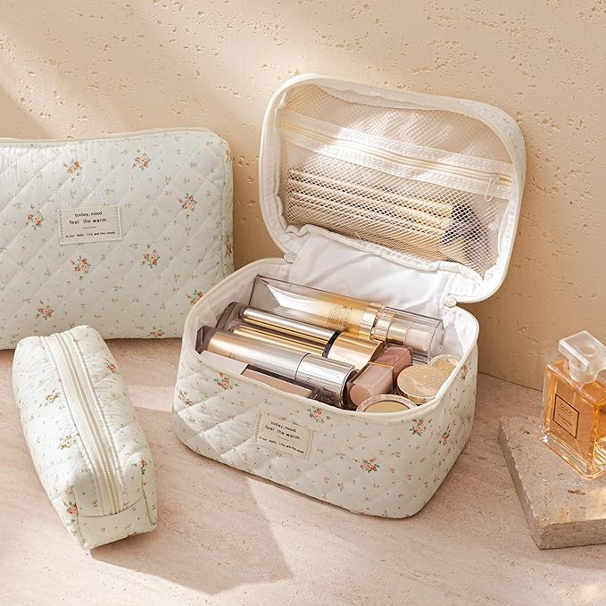 HBselect Quilted Makeup Bag, 3Pcs Cotton Large Travel Makeup Bags Organizer