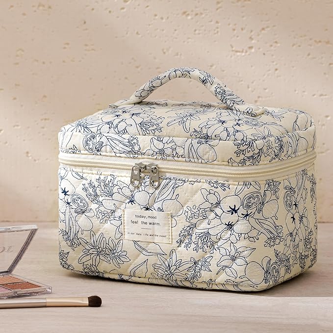 HBselect Quilted Makeup Bag, 3Pcs Cotton Large Travel Makeup Bags Organizer
