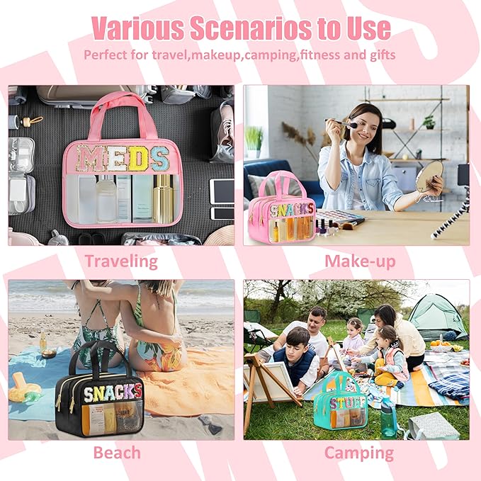 BuyCard Chenille Letter Clear Medicine Makeup Bag for Travel, Preppy Patch Nylon Cosmetic Meds Pouch with Handles and Zipper, Waterproof Large Travel Toiletry Bag Storage Case for Women Pink