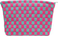 Checkered Makeup Bag for Purse, Small Flat Cosmetic Pouch,Magenta Green