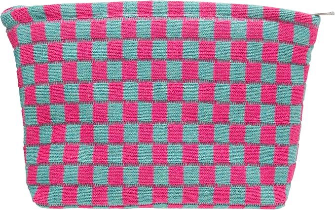 Checkered Makeup Bag for Purse, Small Flat Cosmetic Pouch,Magenta Green