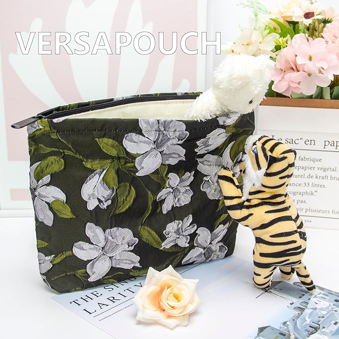 Flat Makeup Bag for Women,Zipper Cosmetic Pouch Purse,Brocade Floral Black