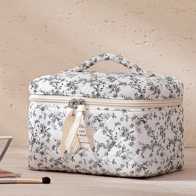 HBselect Quilted Makeup Bag, 3Pcs Cotton Large Travel Makeup Bags Organizer