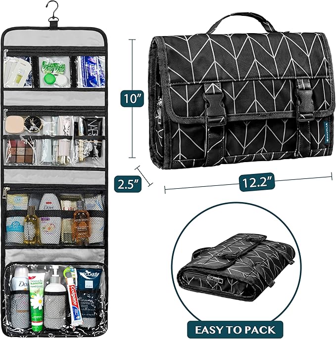 PAVILIA Travel Hanging Toiletry Bag for Women Men, Large Capacity Makeup Bag Kit, Waterproof Cosmetic Storage Organizer Case for Bathroom Shower, Black Chevron