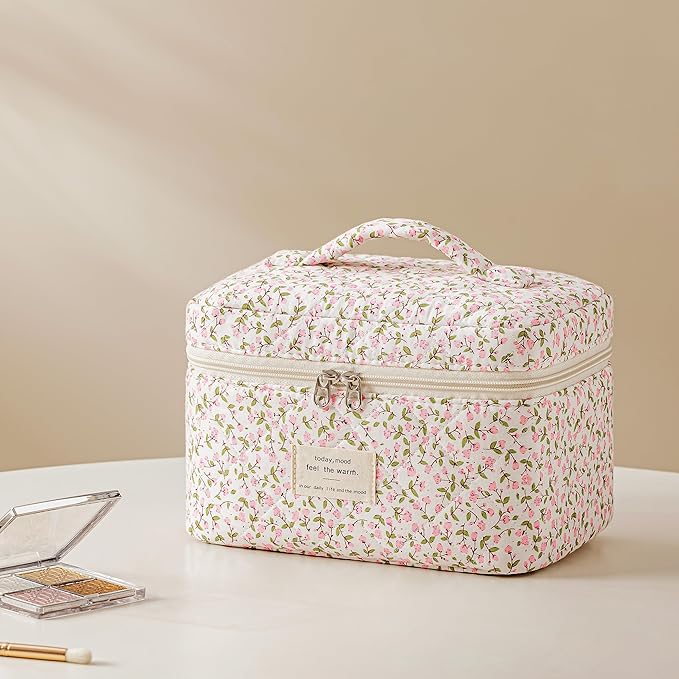 HBselect Quilted Makeup Bag, 3Pcs Cotton Large Travel Makeup Bags Organizer